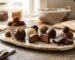 Handmade chocolates arranged on a tray with glossy finishes, cocoa dust, nuts, and fresh fillings