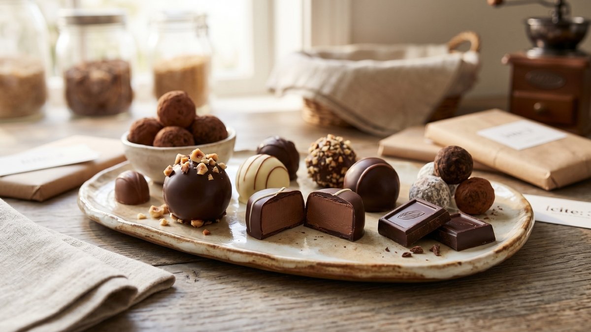 Handmade chocolates arranged on a tray with glossy finishes, cocoa dust, nuts, and fresh fillings