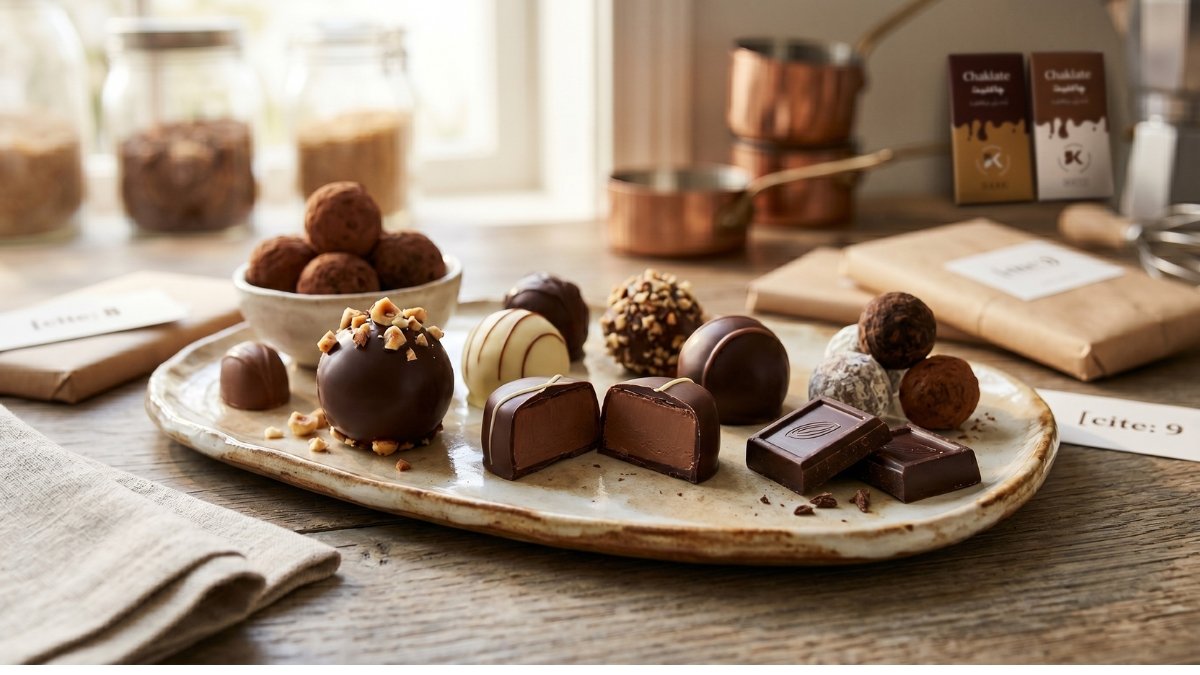 Side-by-side comparison of handmade chocolates and uniform factory chocolates showing texture and finish differences