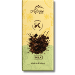 Alpine Bites Kashmir Milk Chocolate bar with premium cream packaging, rich chocolate splash artwork and Made in Kashmir branding.