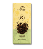 Alpine Bites Kashmir Milk Chocolate bar with premium cream packaging, rich chocolate splash artwork and Made in Kashmir branding.