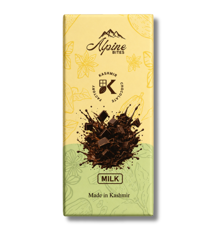 Alpine Bites Kashmir Milk Chocolate bar with premium cream packaging, rich chocolate splash artwork and Made in Kashmir branding.