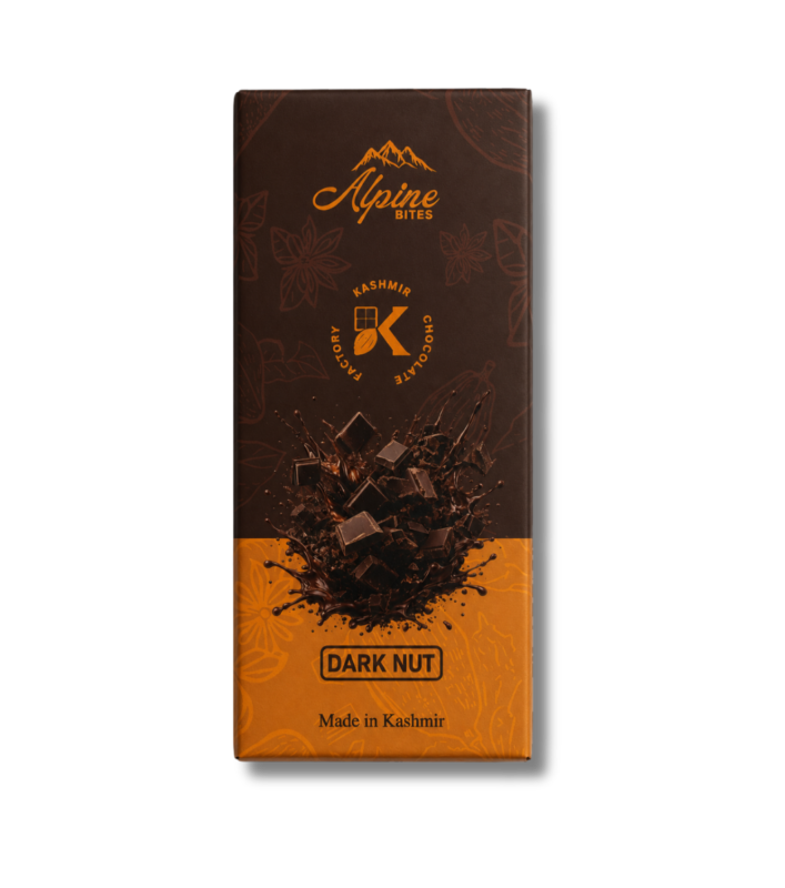 Alpine Bites Dark Nut Chocolate Bar by Kashmir Chocolate Factory with rich cocoa and crunchy peanut pieces, made in Kashmir.