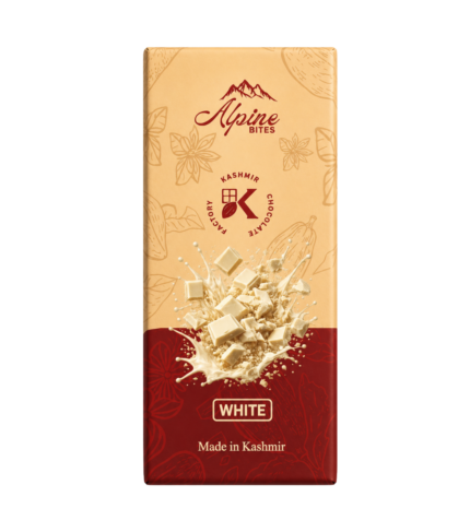 Alpine Bites White Chocolate Bar by Kashmir Chocolate Factory featuring smooth creamy white chocolate, proudly made in Kashmir.