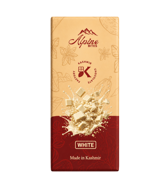 Alpine Bites White Chocolate Bar by Kashmir Chocolate Factory featuring smooth creamy white chocolate, proudly made in Kashmir.